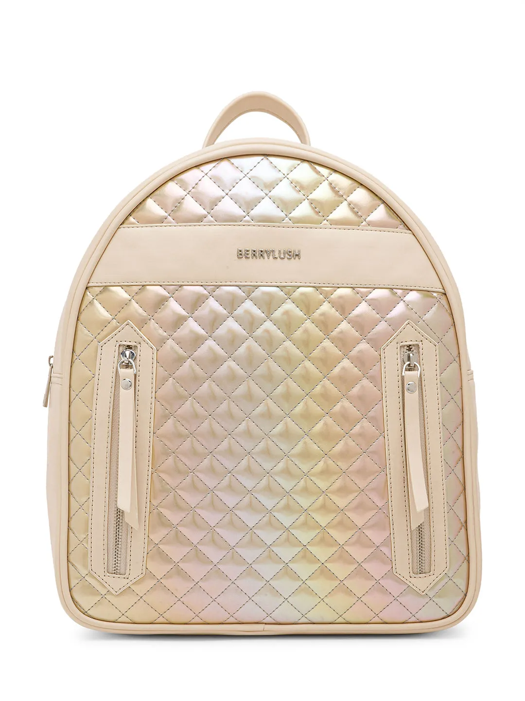 Berrylush Women Solid Beige Synthetic Leather Zipper-Up Quilted Backpack