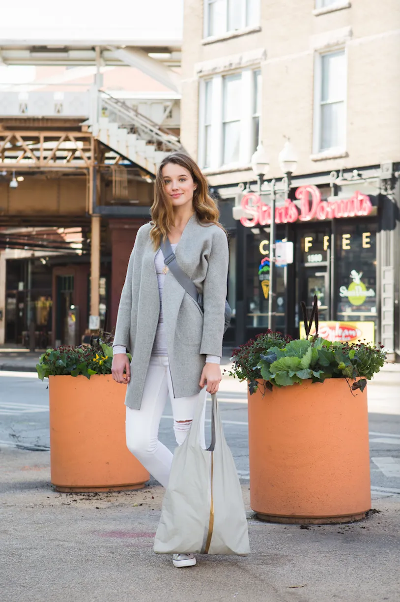 Carryall Tote Bag with Pocket in Earth Gray with Gold and Silver Stripes