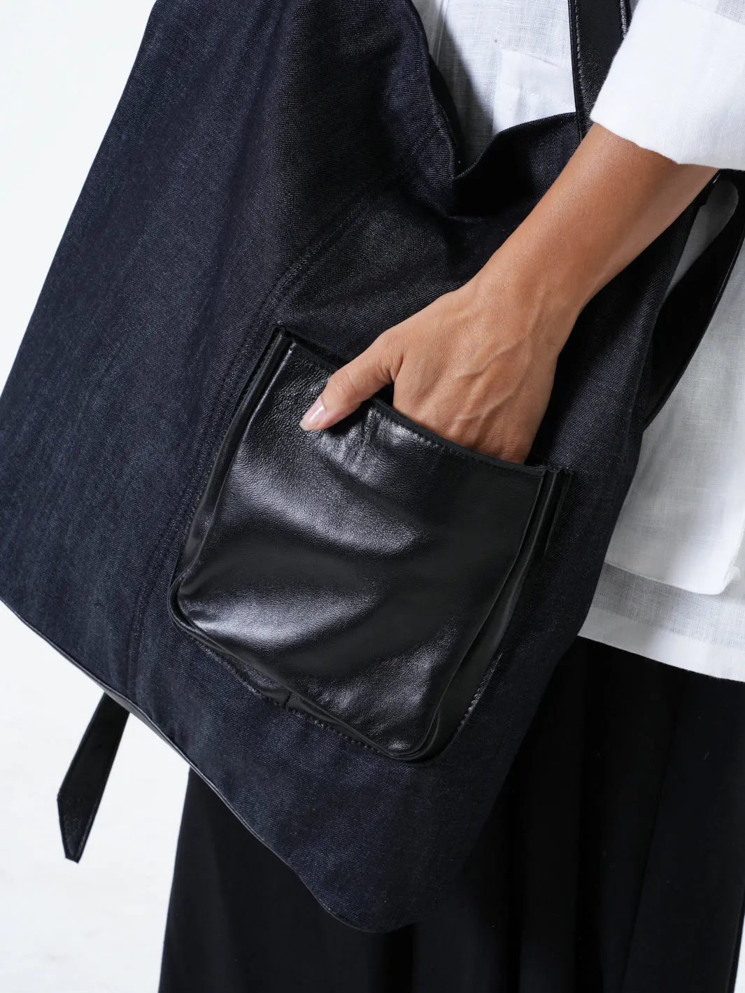 Denim and Leather Crossbody Tote Bag