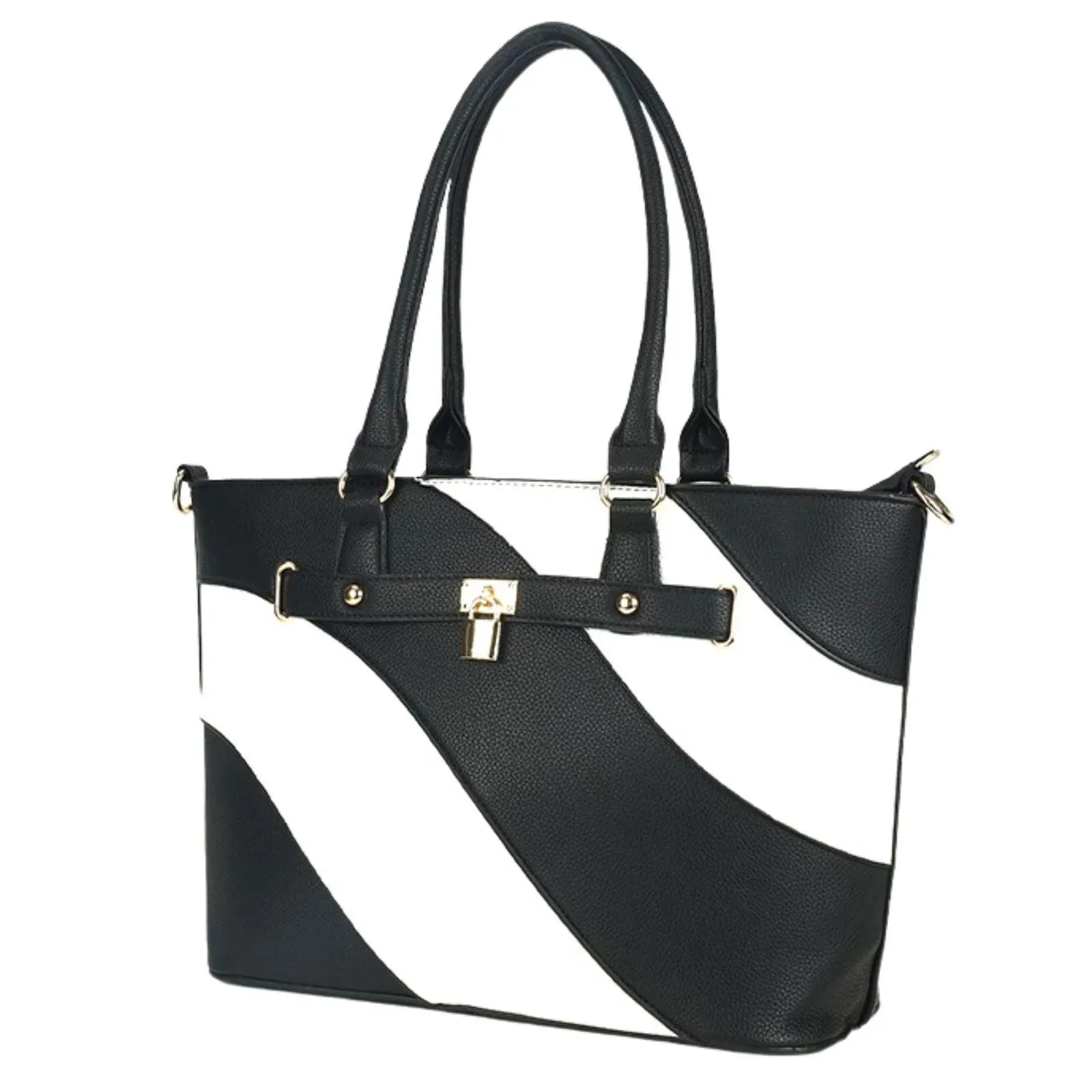 Elegant Black and White Wavy Stripe Women's Tote Handbag - Vegan Faux Leather Statement Piece