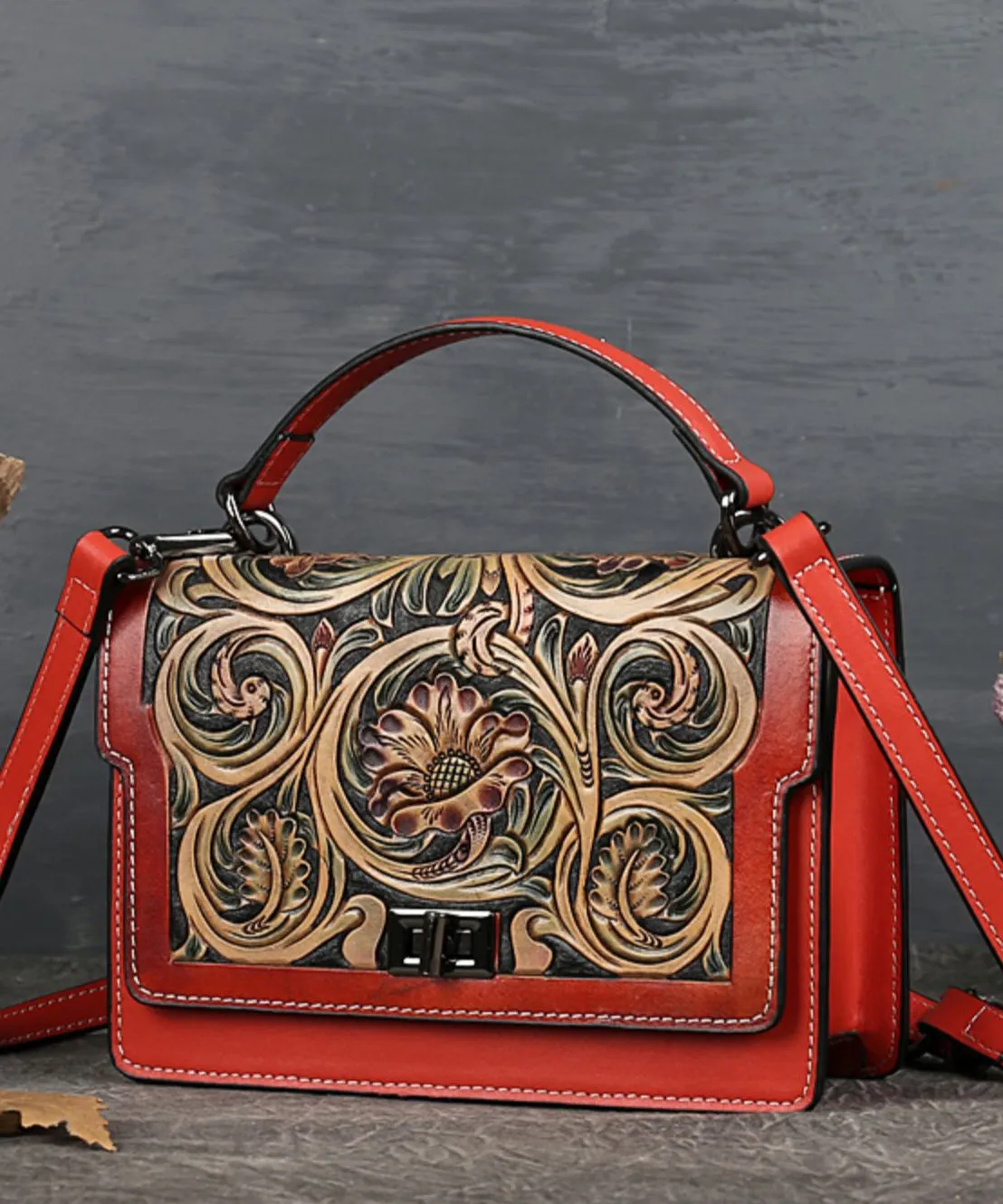 Elegant Red Jacquard Square Calf Leather Satchel Handbag