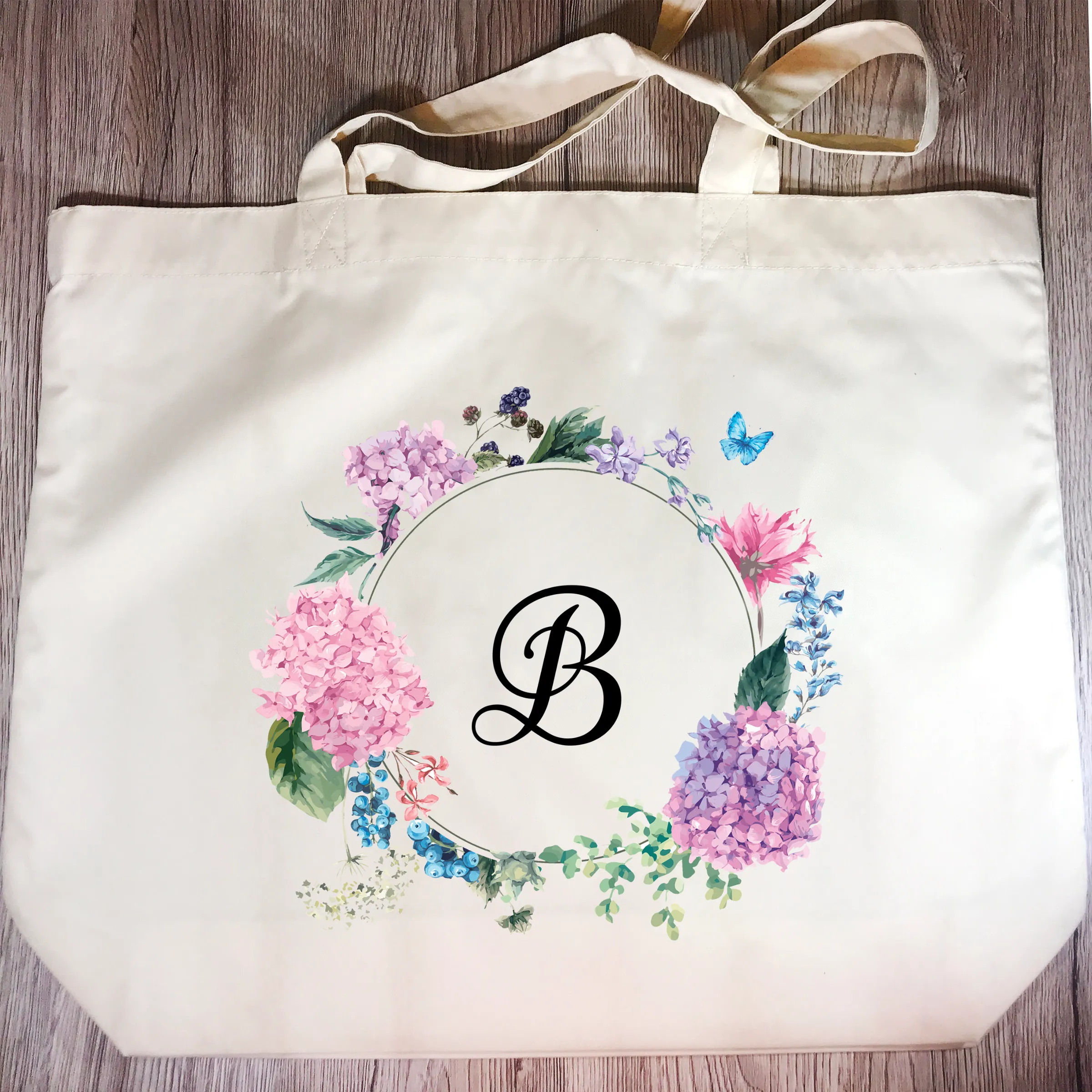 Initial Floral Wreath Tote Bag