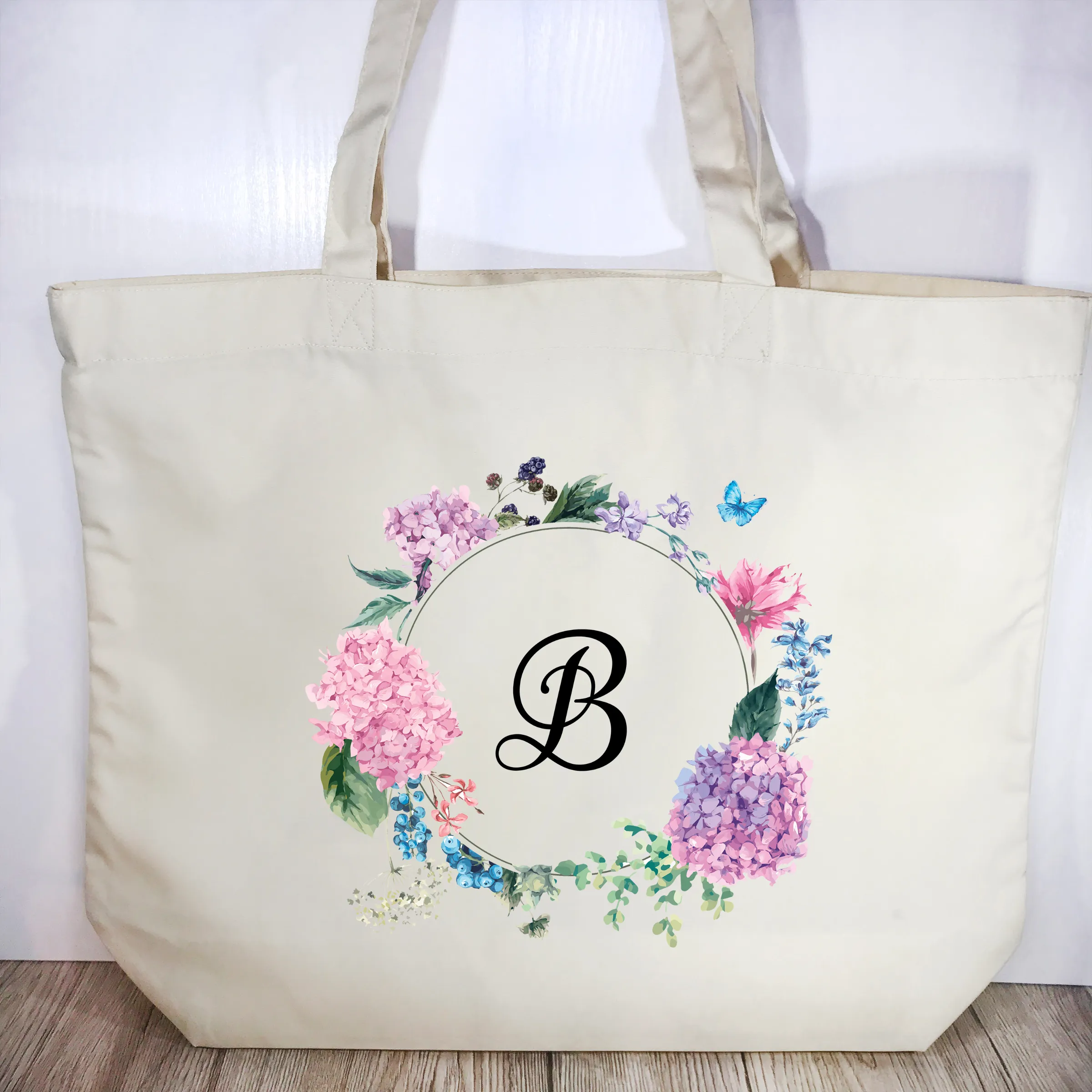 Initial Floral Wreath Tote Bag