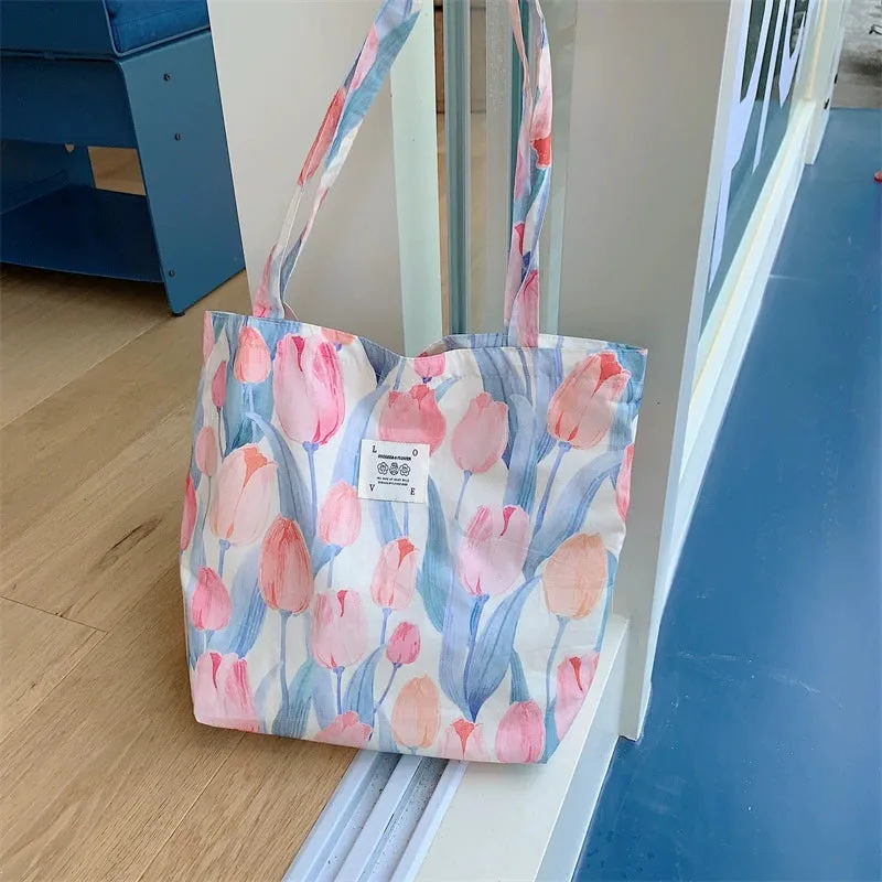 Large Capacity Floral Canvas Tote Bag