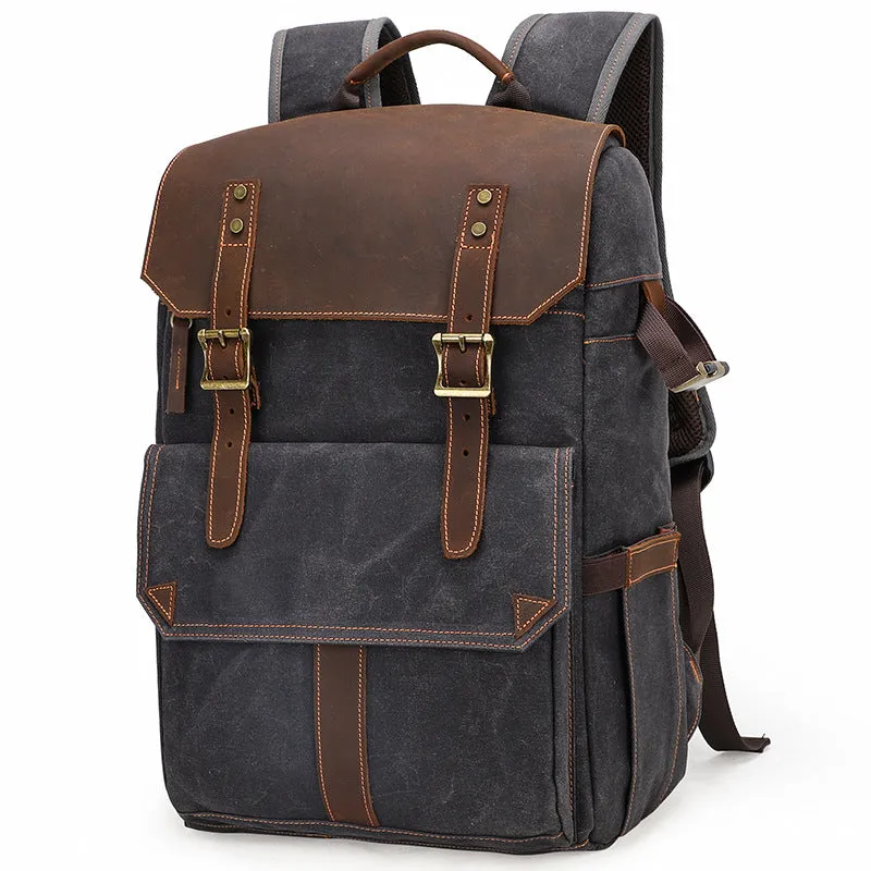 Large Storage SLR Camera Leather Canvas Backpack K001