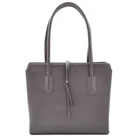 Leather Classic Tote Style Zip Opening Large Shoulder Bag CYNTHIA Grey