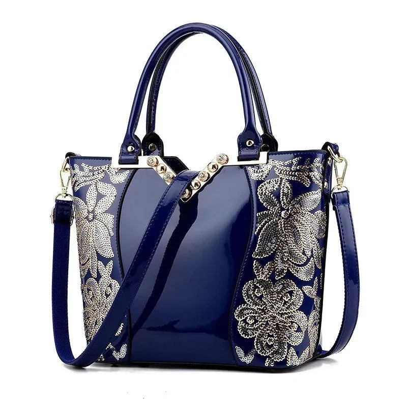 Luxury Sequin Embroidery Women's Patent Leather Handbag