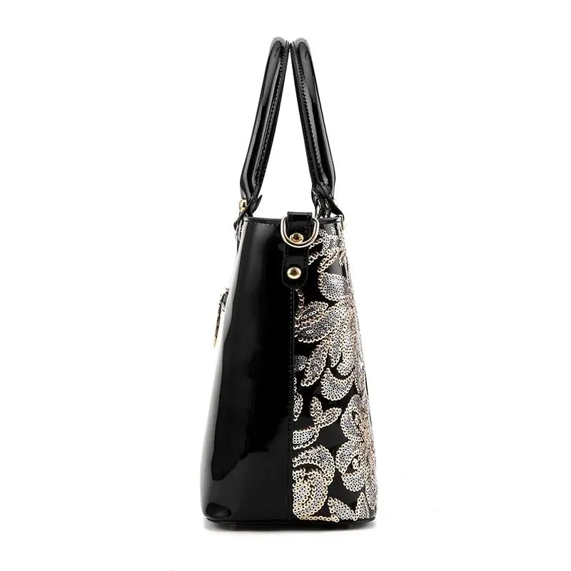 Luxury Sequin Embroidery Women's Patent Leather Handbag