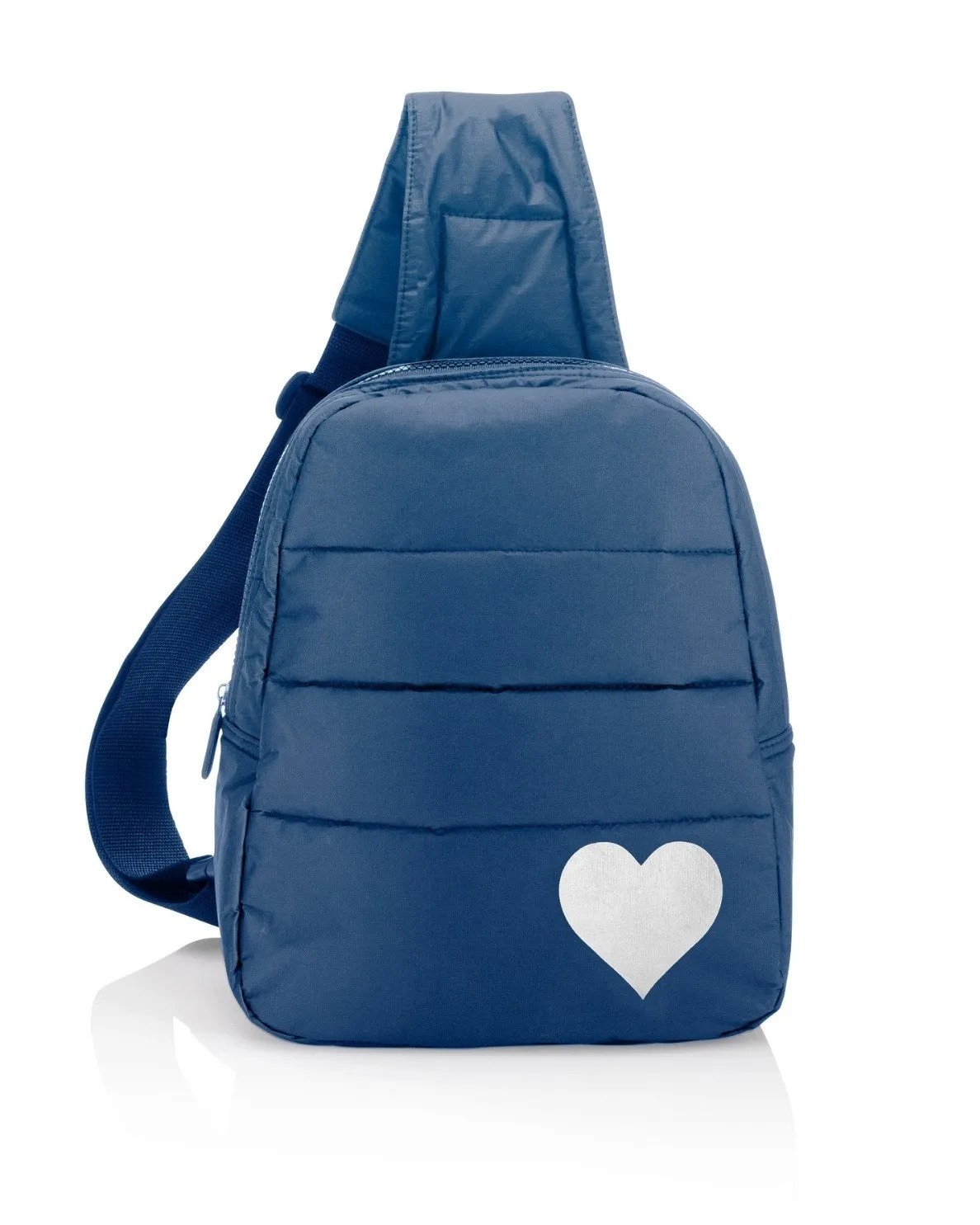 Puffer Crossbody Backpack in Shimmer Navy Blue with Silver Heart