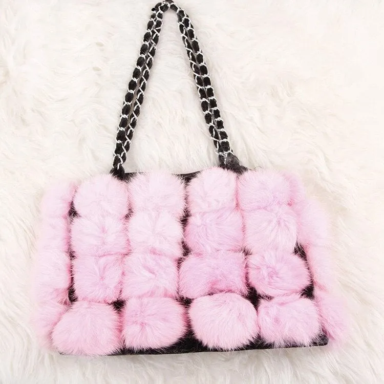 Real Rabbit Fur Ball Bag Handbag Lovely Side Bag Women Purse Totes SMALL Size 20*28 Good Choice for Chirstmas Gift FS040102