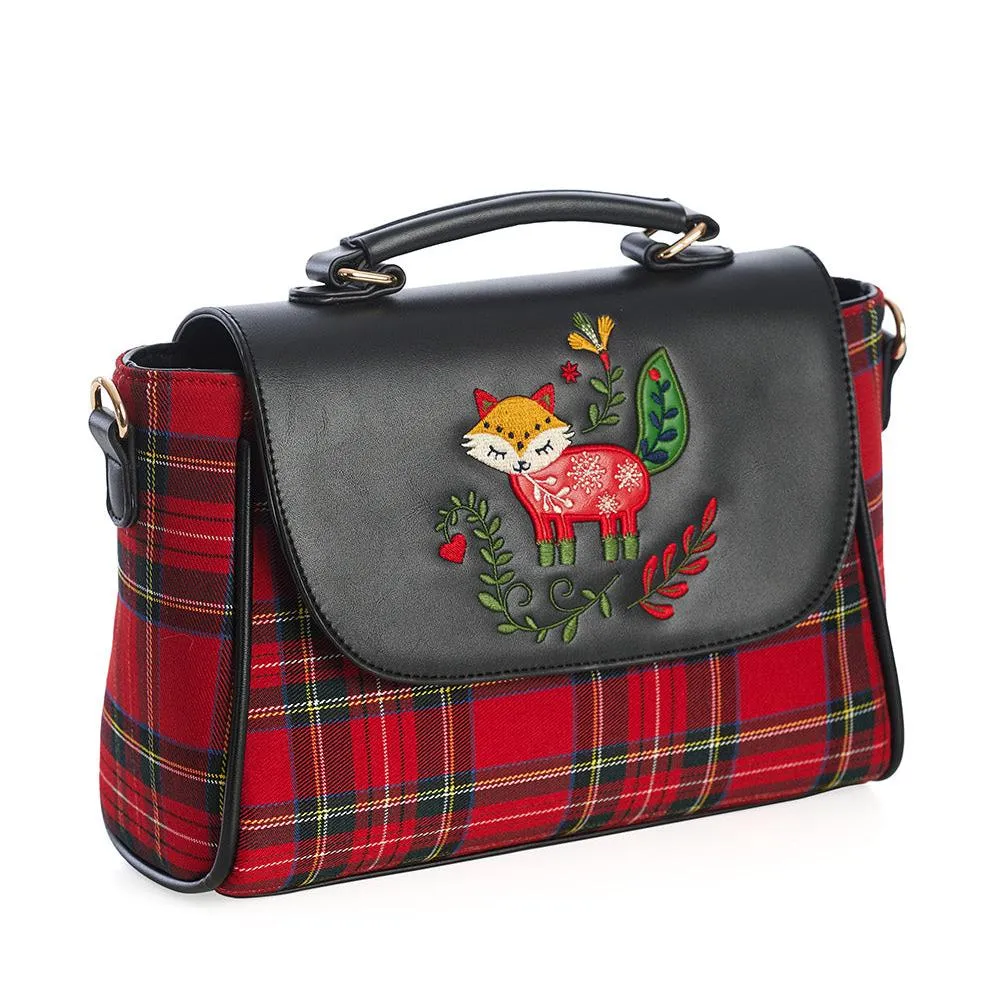 Red and Black Plaid Unique Fox Embroidered Handbag With Detachable Shoulder Strap