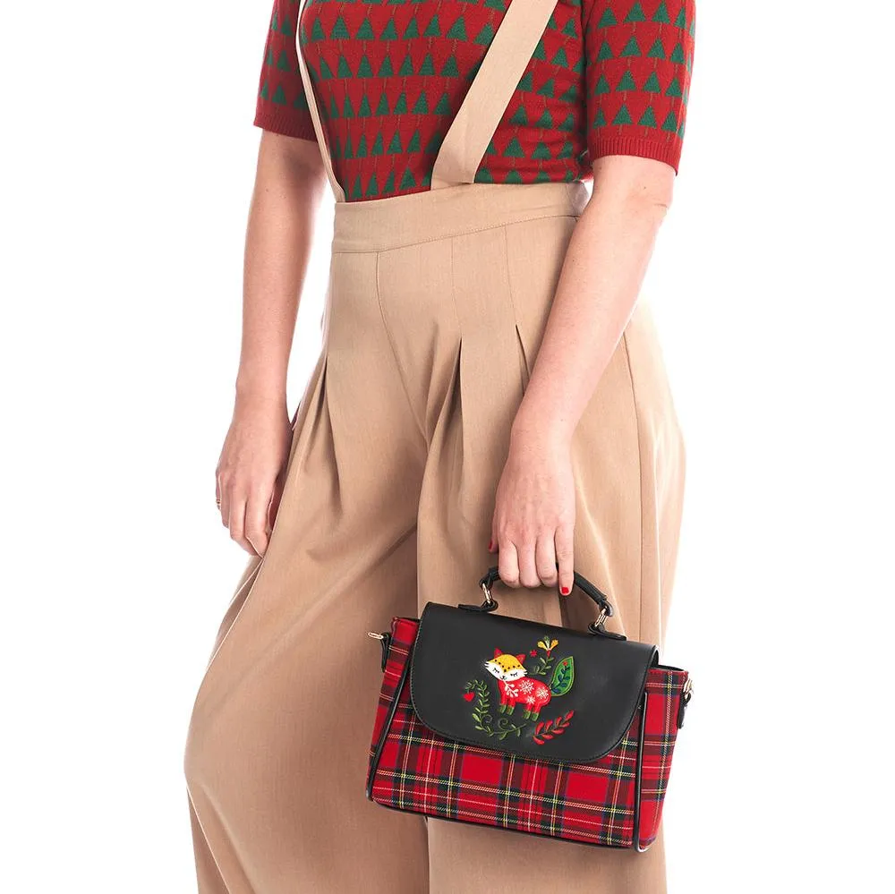 Red and Black Plaid Unique Fox Embroidered Handbag With Detachable Shoulder Strap