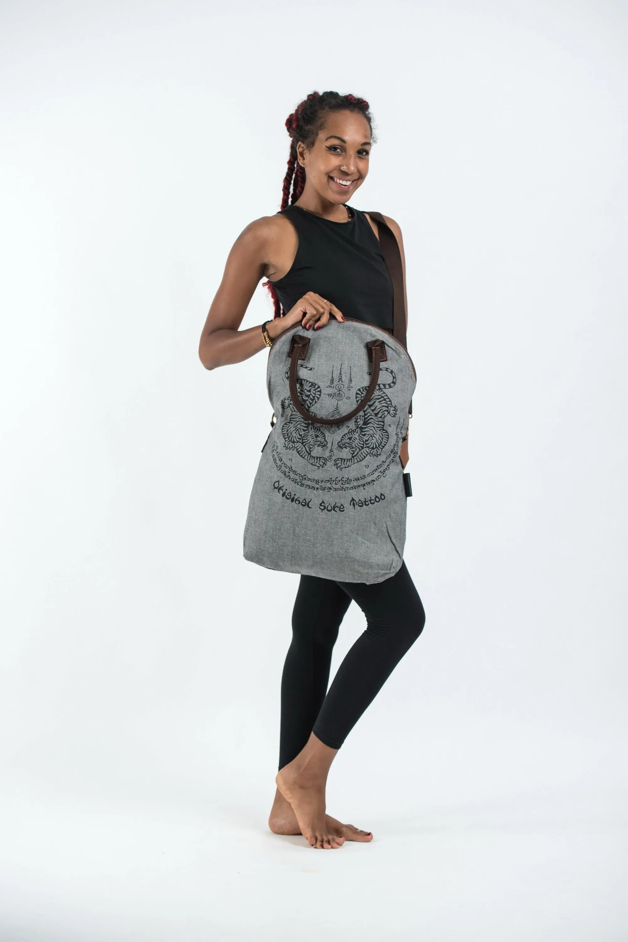 Thai Tattoo Oversize Zippered Shoulder Bag in Denim Gray