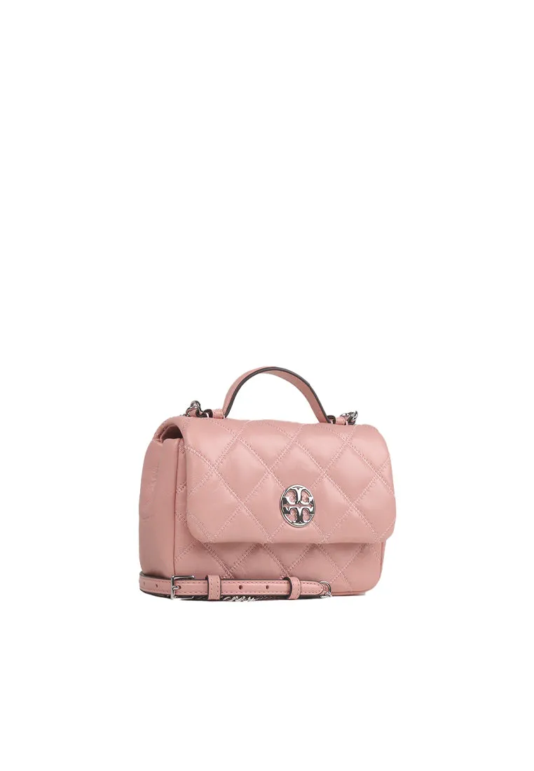 Tory Burch Willa Crossbody Glazed Mini Top Handle In Rose Sachet 156136