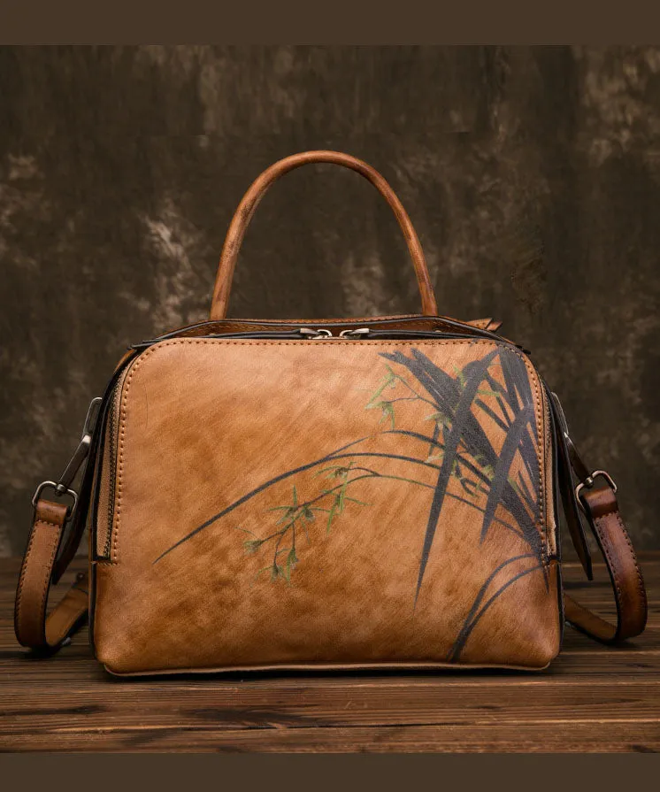 Unique Brown Print Paitings Leather Tote Handbag