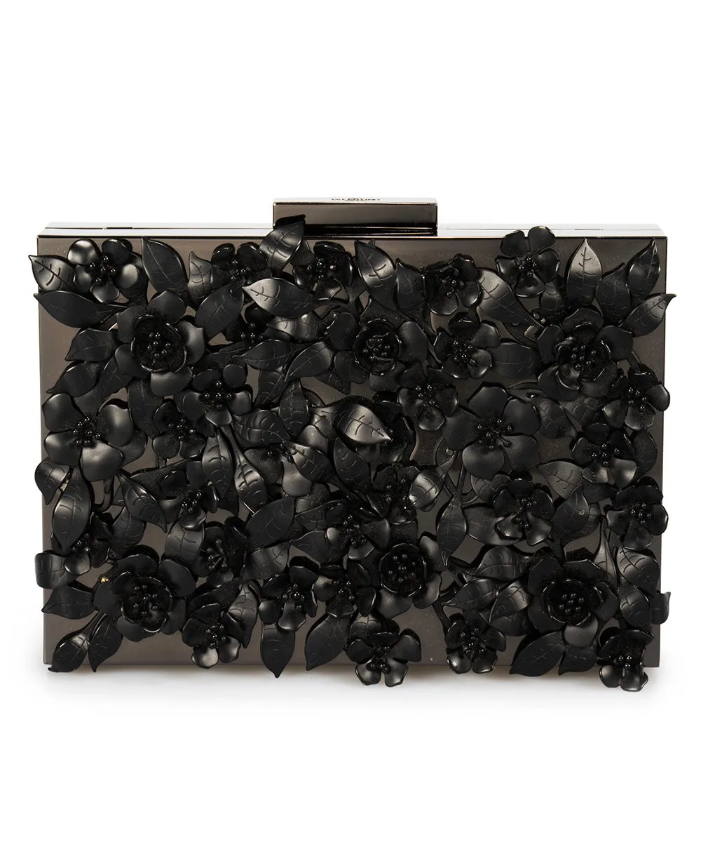 Valentino Appliqué Flowers Minaudiere in Black Metal